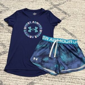 Youth Medium Girls Under Armour Matching Set Shorts And Tee Shirt